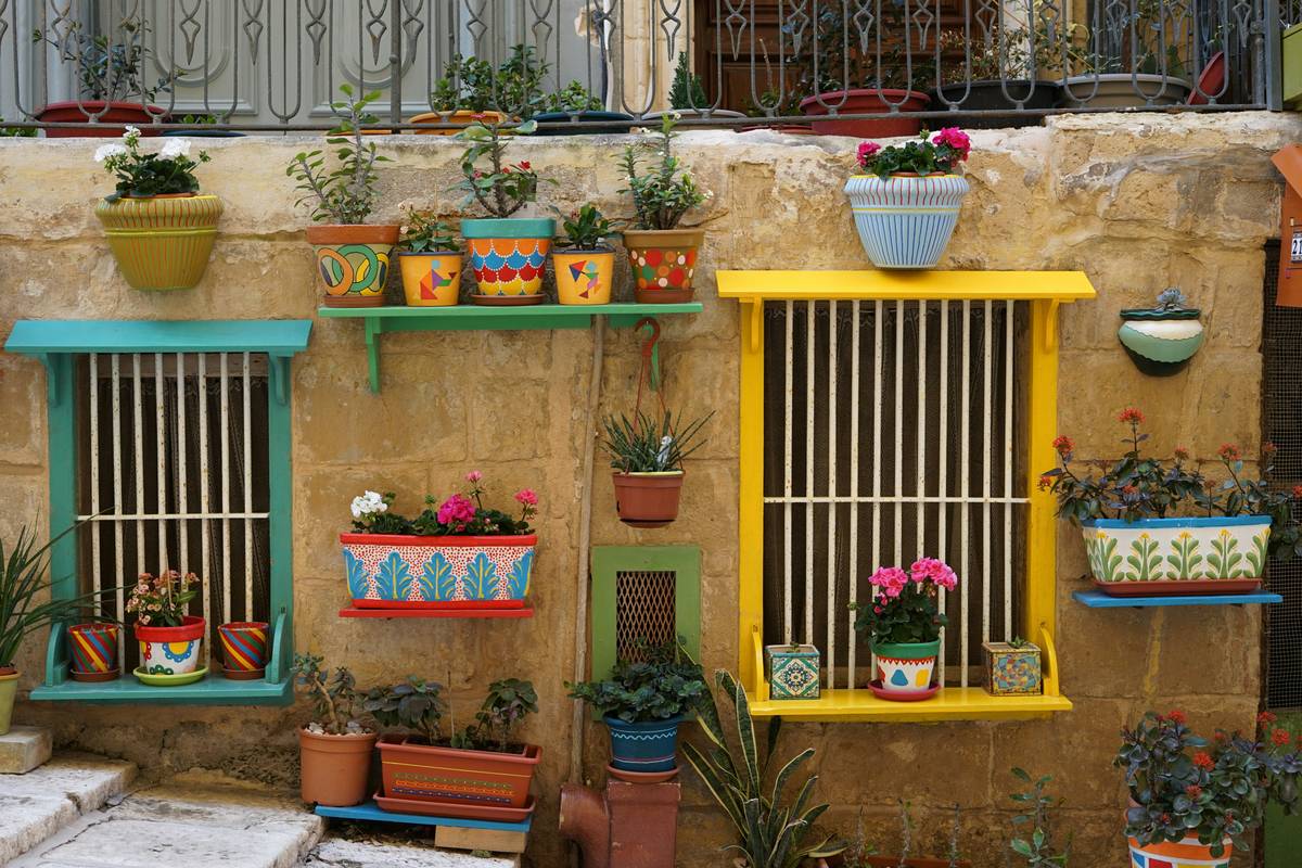 wall planters for outdoors mounted on a weathered wooden fence with trailing ivy and blooming petunias