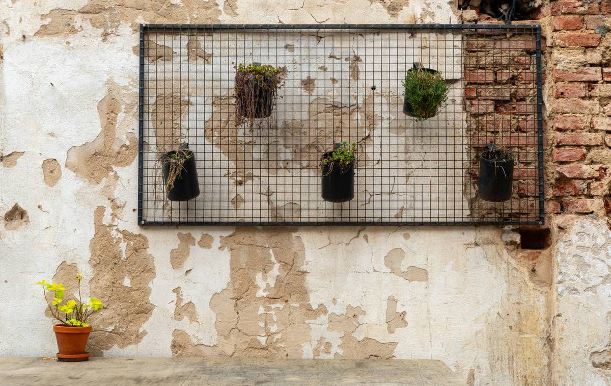 wall hanging planters for indoor plants installed on a white brick wall with artificial monstera and pothos in matte black metal frames